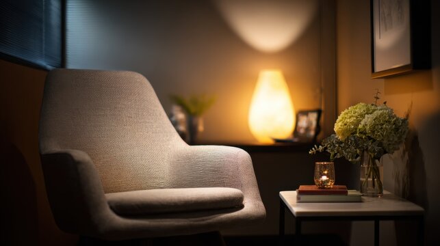 Therapy space illuminated by warm indirect light with dimmable features emphasizing a focal point in sharp detail against a blurred restful background.
