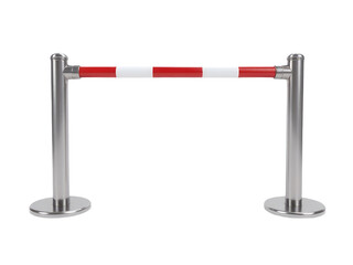 Obraz premium A road sign featuring alternating red and white stripes, often used to mark hazards or warning areas