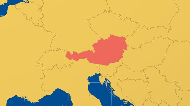 Austria on Globe. Animated zoom into the country in Ocean Blue Golden Yellow color palette. Austria logo animation. Map with meridians, parallels. Stylish video.