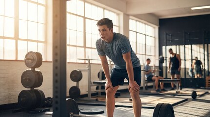 Young male at gym looking tired after intense workout. Sport and healthy lifestyle concept for fitness advertisement