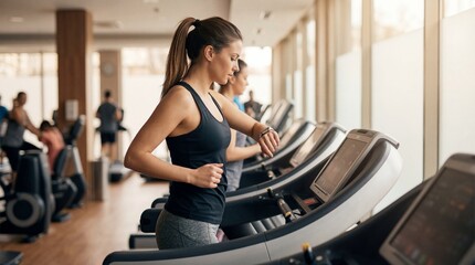 Young woman checking smartwatch during cardio exercise on treadmill in modern gym. Fitness and healthy lifestyle concept for sport advertising