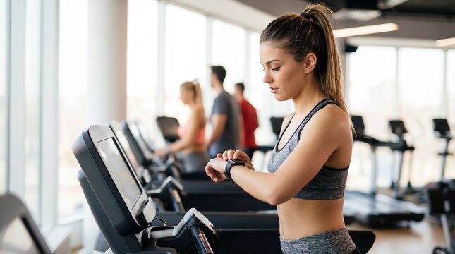 Young woman checking smartwatch on treadmill for fitness tracking and health monitoring in modern gym fitness center - Powered by Adobe