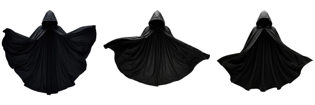 Flowing black hooded capes on transparent background