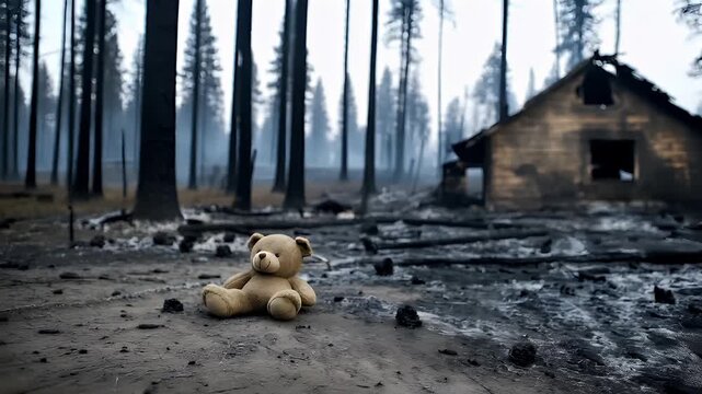 Natural disaster. Devastating loss aftermath scene. A teddy bear sits on the ground amidst the aftermath of a devastating forest fire. The scene is dominated by a dilapidated wooden house.