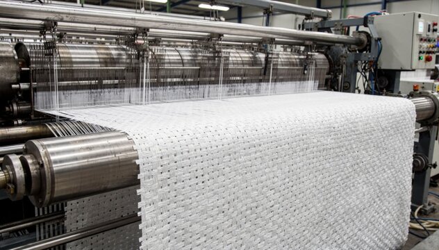 Medium shot of circular looms weaving white polypropylene flat yarn tapes into durable bulk bags highlighting detailed texture and fabric strength in an industrial setting.