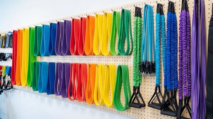 Collection of colorful resistance bands and exercise tubes hanging on a pegboard wall. Gym equipment for fitness training and strength workout