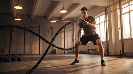 Determined young man exercising with battle rope in gym. Fitness training for strength and endurance. Sport workout for athletic body development