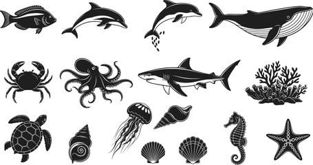 Marine life collection with shark, whale, dolphin, octopus, turtle, and coral silhouettes, cad drawing flat vector illustration for ocean nature. © Faruk Here