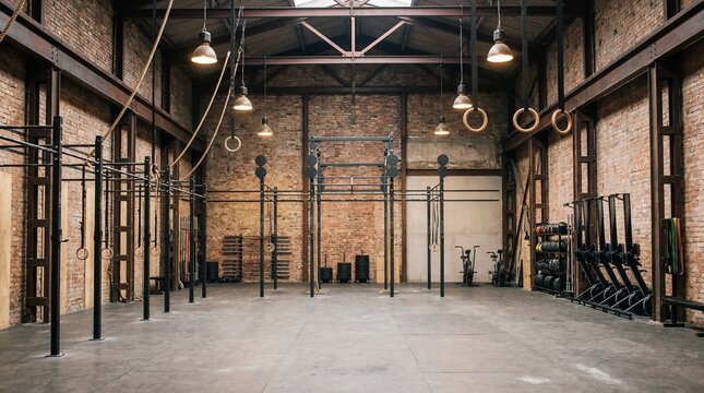 Empty crossfit gym 4k 202512192255. Modern fitness studio interior with brick wall. Workout space for sport training and bodybuilding - Powered by Adobe