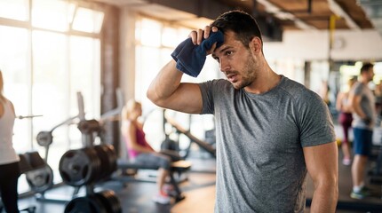 Fit young caucasian man wiping sweat from his forehead with a towel after intense gym workout. Healthy lifestyle and fitness concept