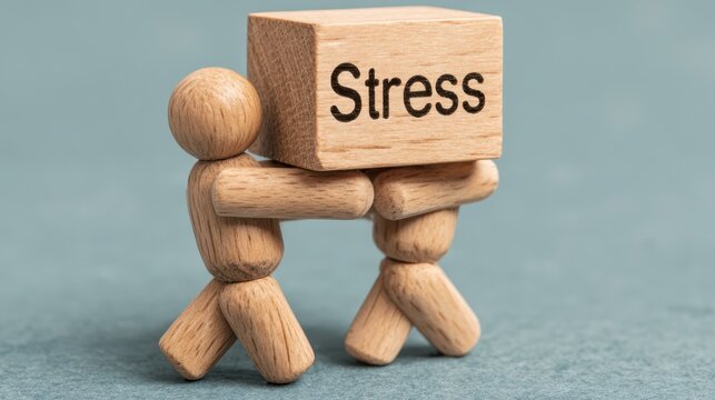 Wooden figure struggling with stress conceptual art in 3d studio setting