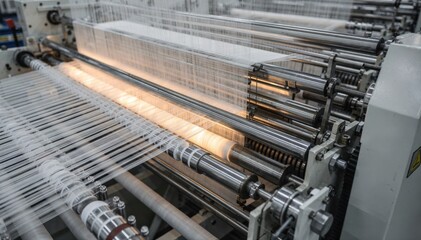Medium aerial perspective of nylon filament moving through a texturing machine showcasing the precise alignment of draw rolls and temperaturecontrolled heaters.