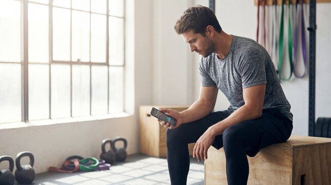 Man checking fitness data on phone in gym. Athlete monitoring workout progress on smartphone app for health and sport. Digital fitness tracking - Powered by Adobe