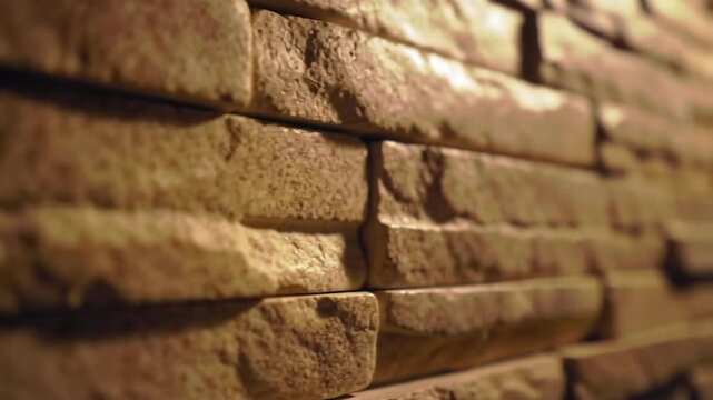 Close-up of a textured stone wall with warm lighting, creating a rustic background.