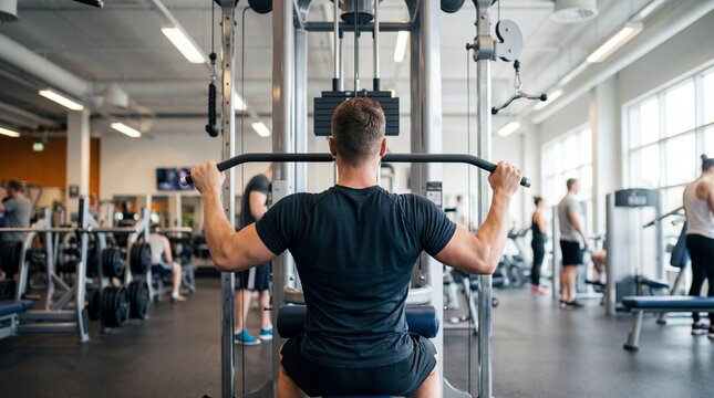 Man doing lateral pulldown exercise in a gym. Fitness workout for back muscles. Strength training and healthy lifestyle concept