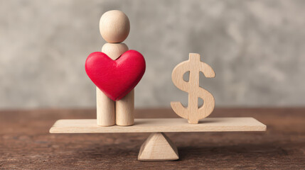 Balancing heart and dollar on seesaw emotional art display studio setting close-up view wooden figurine concept