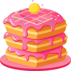 Stack of Golden Waffles Drizzled with Pink Icing and Sprinkles, Oozing Sweetness on a Vibrant Pink Background,