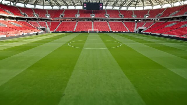 Empty soccer stadium with green field