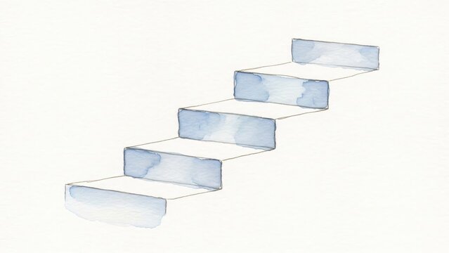 Watercolor painting of stair made of blue glass blocks on white background.