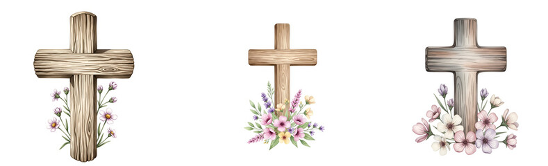 Three wooden crosses with colorful flowers on transparent background