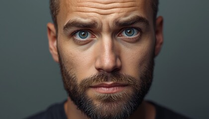 Fototapeta premium A close-up portrait of a man with a beard and intense gaze on a gray background