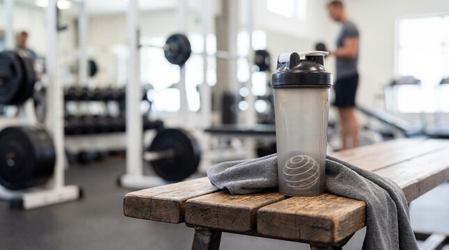 Protein shaker bottle with a towel on a wooden bench in a gym. Post workout replenishment and healthy lifestyle concept