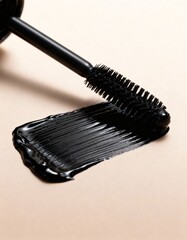 black mascara swatch with applicator on the beige background, black paint, brush strokes, cosmetics textures, mascara, eyebrow mascara