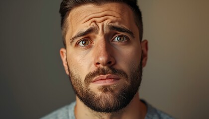 Obraz premium A close-up portrait of a concerned man with a puzzled expression on his face