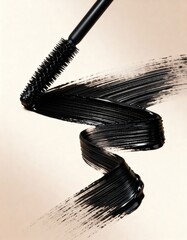 black mascara swatch with applicator on the beige background, black paint, brush strokes, cosmetics textures, mascara, eyebrow mascara