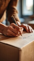 Person writing address on cardboard shipping box. Vertical photo