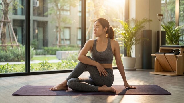 Woman doing yoga on mat in sunny room with pilates chair. Fitness and healthy lifestyle for active living. Mindfulness and exercise practice at home gym
