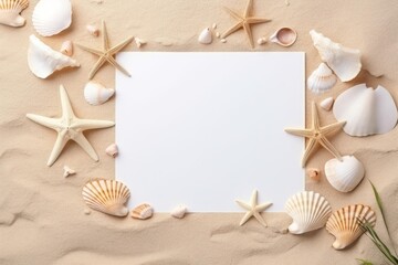 White paper creating a frame surrounded by starfish and various seashells on warm sand