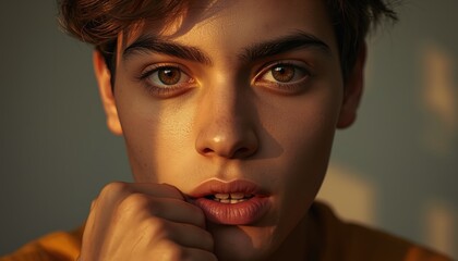 A young man with a contemplative expression and hand on chin in a warm light setting