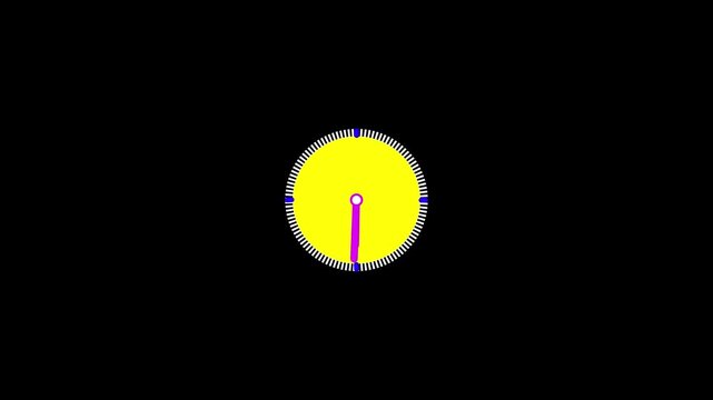 Yellow analog clock face with purple hands and blue minute marks on black background Keywords: clock, analog clock, time, watch, hour, minute, second, hand, dial, face, numbers, marks, measurement