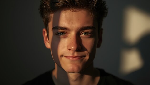 A young man with a subtle smile looking directly at the camera in a dimly lit room