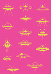 Minimal UFO Spaceship Line Art Illustration Set