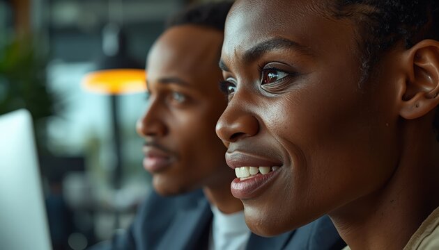 Two smiling business colleagues working together in a modern office environment - Powered by Adobe