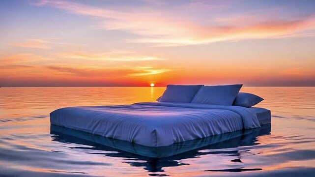 A large, comfortable bed floats on the surface of the ocean, a rosy sunset on the horizon, the concept of perfect calm, serenity, stress buster.