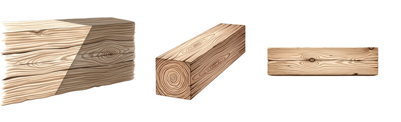 Three wooden planks of different sizes and shapes on transparent background