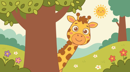 Naklejka premium Adorable cartoon giraffe peeking from behind a tree in a sunny meadow with flowers