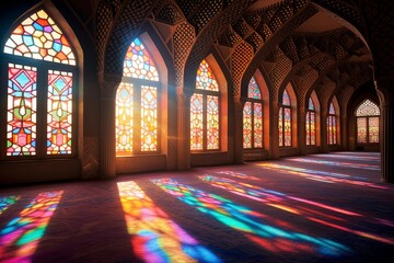 Sunlight beams passing through stained glass creating vibrant color reflections on the floor of an islamic mosque interior