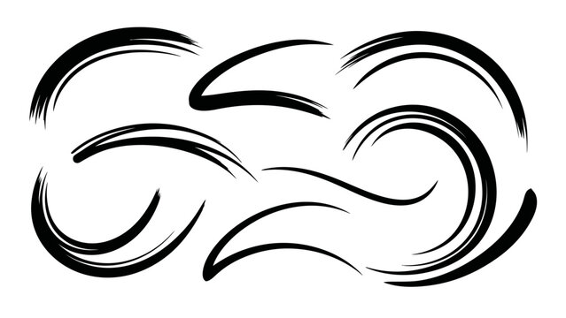 Set of dynamic black stylized brush strokes and abstract swoosh speed lines, isolated on a white background.