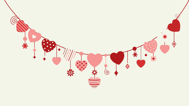 Beautiful decorative garland with red and pink hearts hanging on a string, romantic love celebration on a light beige background. - Powered by Adobe