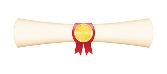 A paper scroll with a graduate diploma about graduation of university, college, school, education certificate, graduation degree. Diploma decorated with a wax seal and a red ribbon