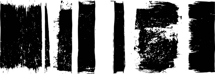 Abstract black grunge brush strokes with rough edges on white background, artistic paint texture designs