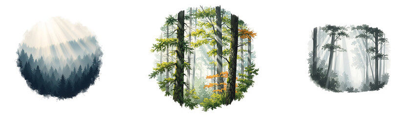 Three scenic landscapes of nature on transparent background