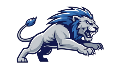 Fierce blue and gray lion mascot leaping on black background