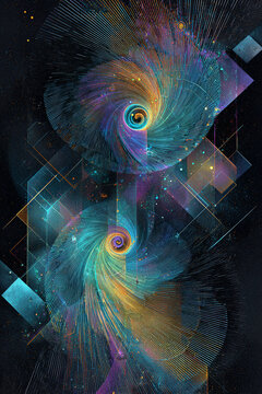 Soft chalk spirals merging with abstract geometric bits