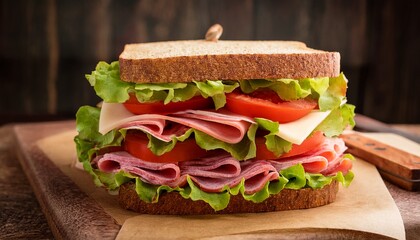 a fresh and colorful sandwich stacked with layers of lettuce tomato and sliced deli meats on whole grain bread