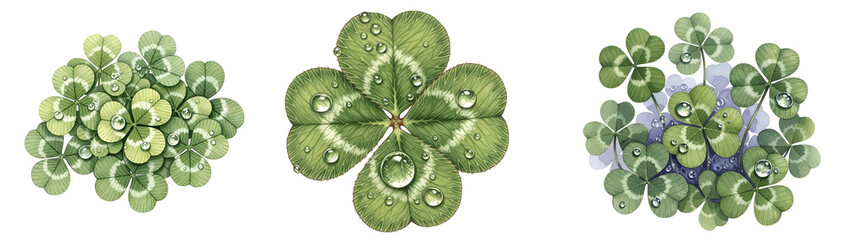 A cluster of green leaves with water droplets on transparent background